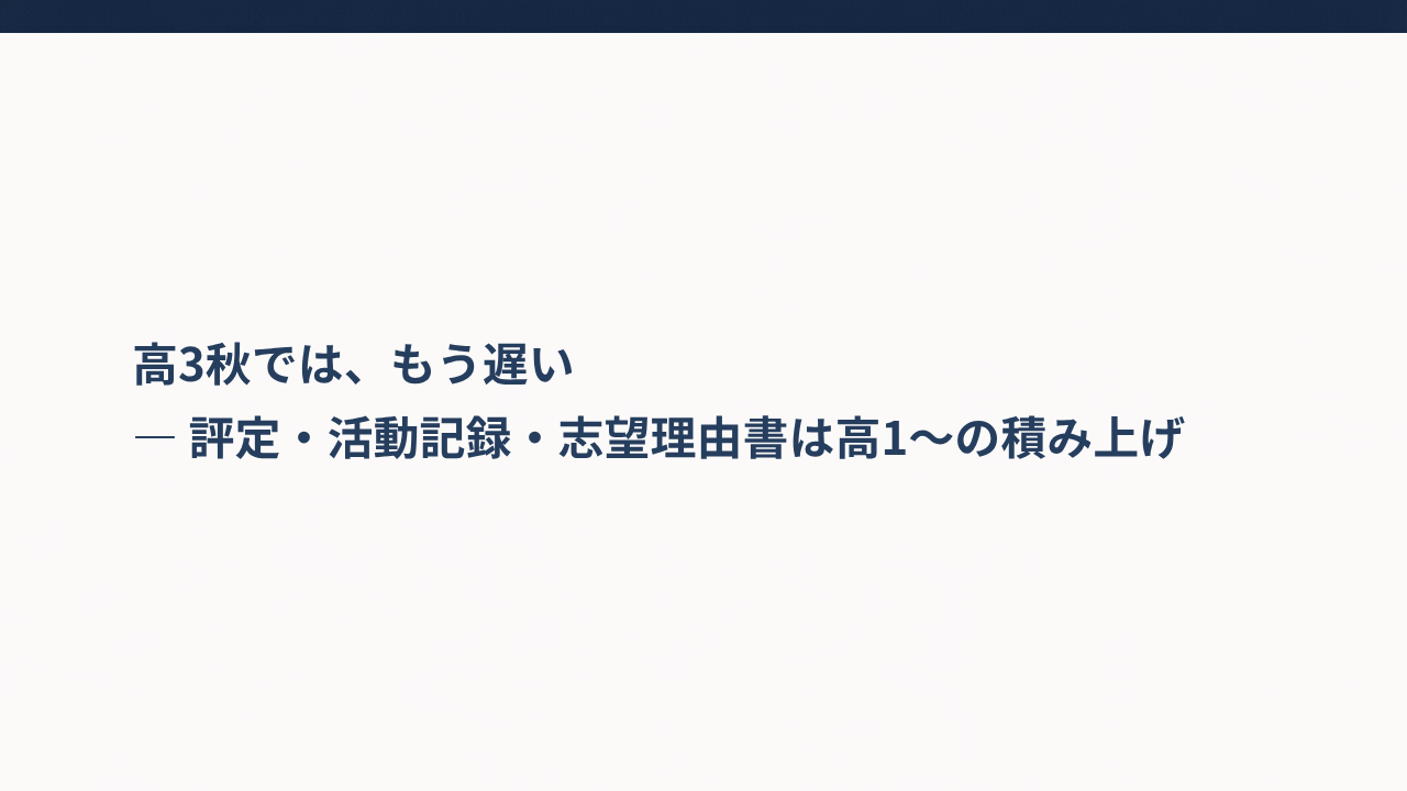 高3秋では、もう遅いという見出しの画像。補足として評定・活動記録・志望理由書は高1〜の積み上げが起点。上端にダークネイビーの水平ライン、左寄せの2行構成のミニマルデザイン